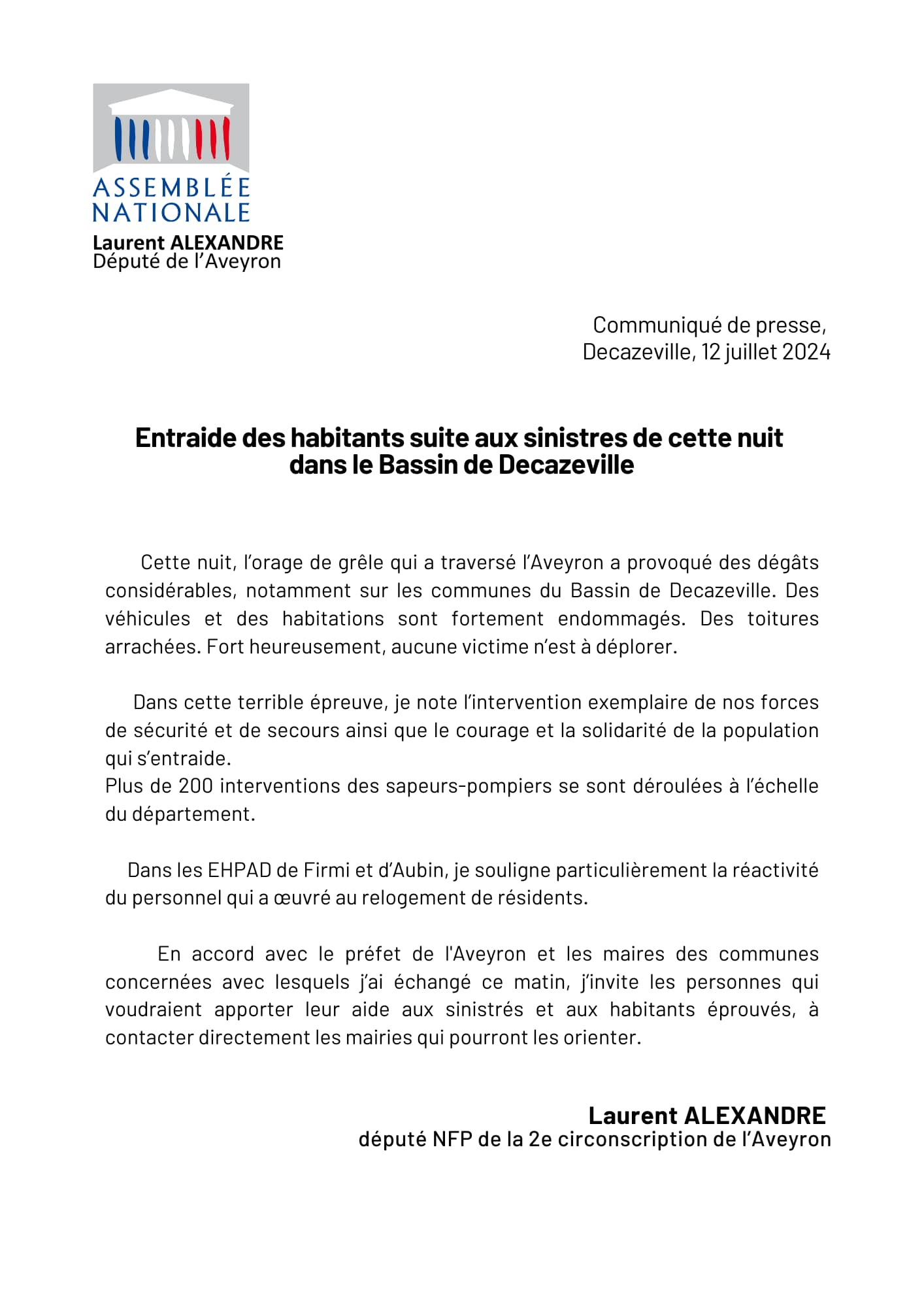 Lire la suite à propos de l’article Mon communiqué suite aux orages de grêle du 11 juillet 2024
